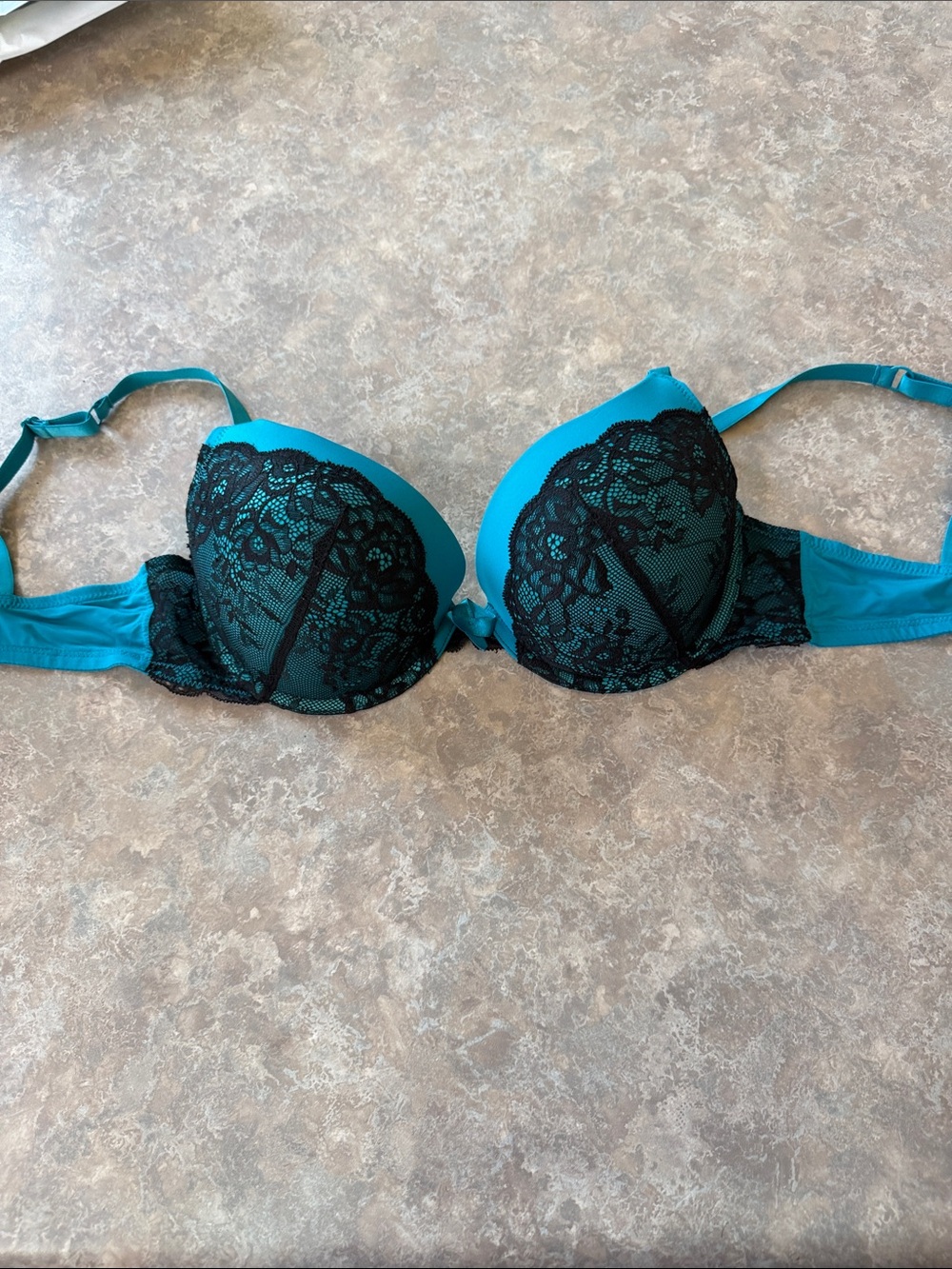 Adore Me Teal & Black Lace Push-Up Bra. Like New